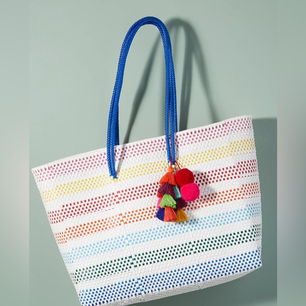 Anthropologie Multicolor Striped Woven Tote with Blue Handles and Pom Tassel